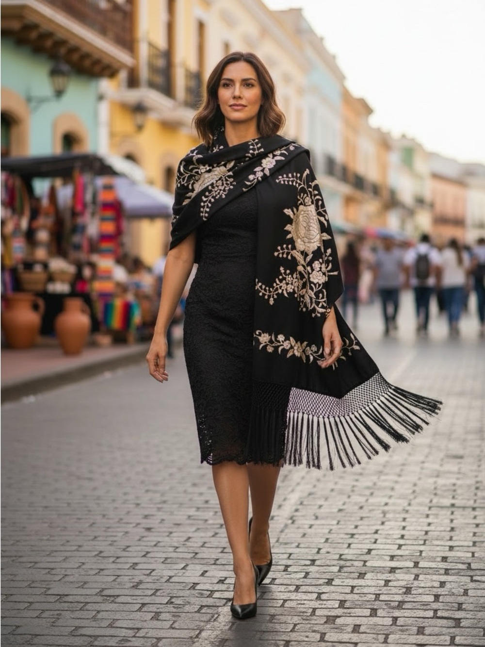 Black Silk Wrap with Silver Floral Embroidery and Long Fringe